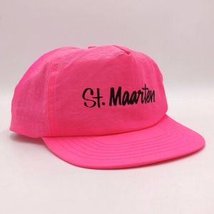 Vintage St. Maarten Snapback Trucker Hat Nylon Cap 90s Festival Surf Neon Pink